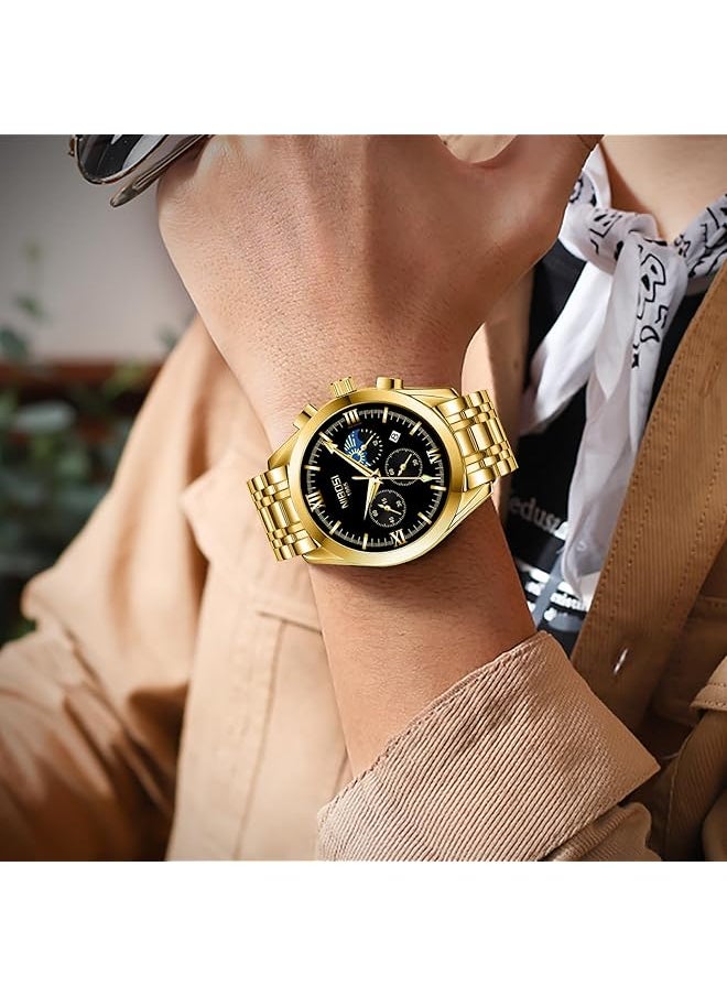 NIBOSI - Men Watches Analog Chronograph Black Dial Watches For Men Business Quartz Casual Wrist Watches With Brown Leather Strap Calendar - Image 1