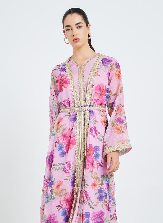 Amirah Women Pink Floral Lace Insert Kaftan - Image 2