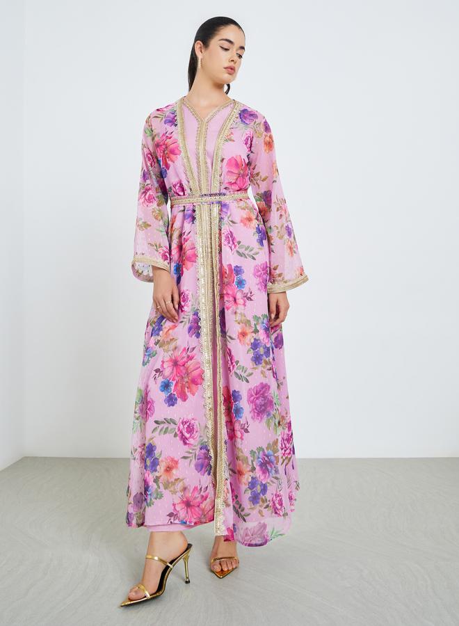 Amirah Women Pink Floral Lace Insert Kaftan - Image 1