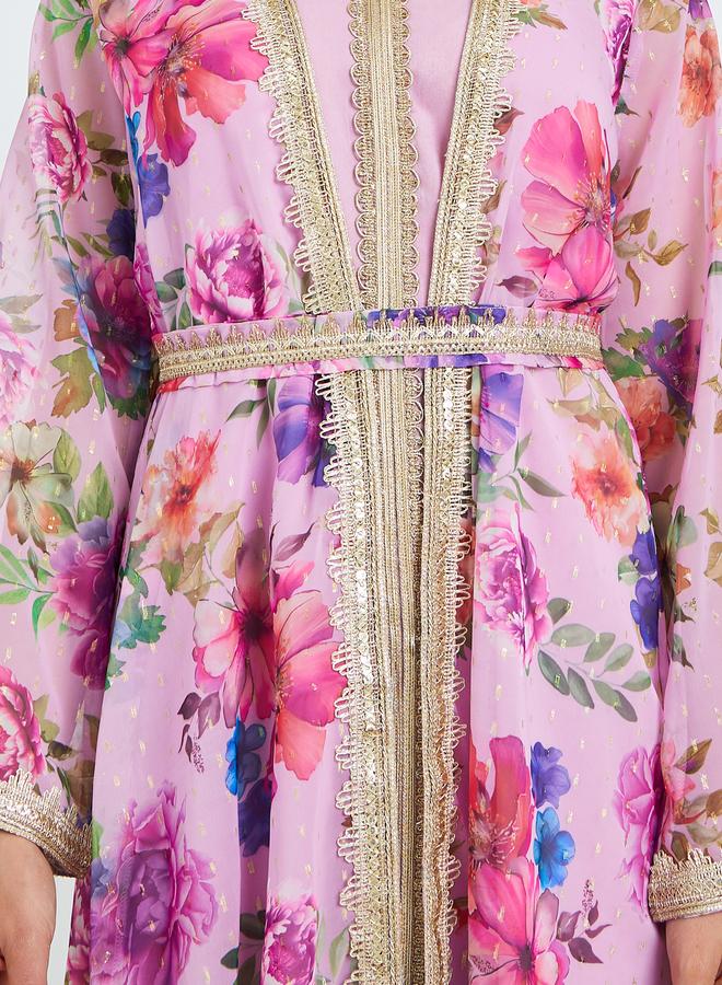 Amirah Women Pink Floral Lace Insert Kaftan - Image 4