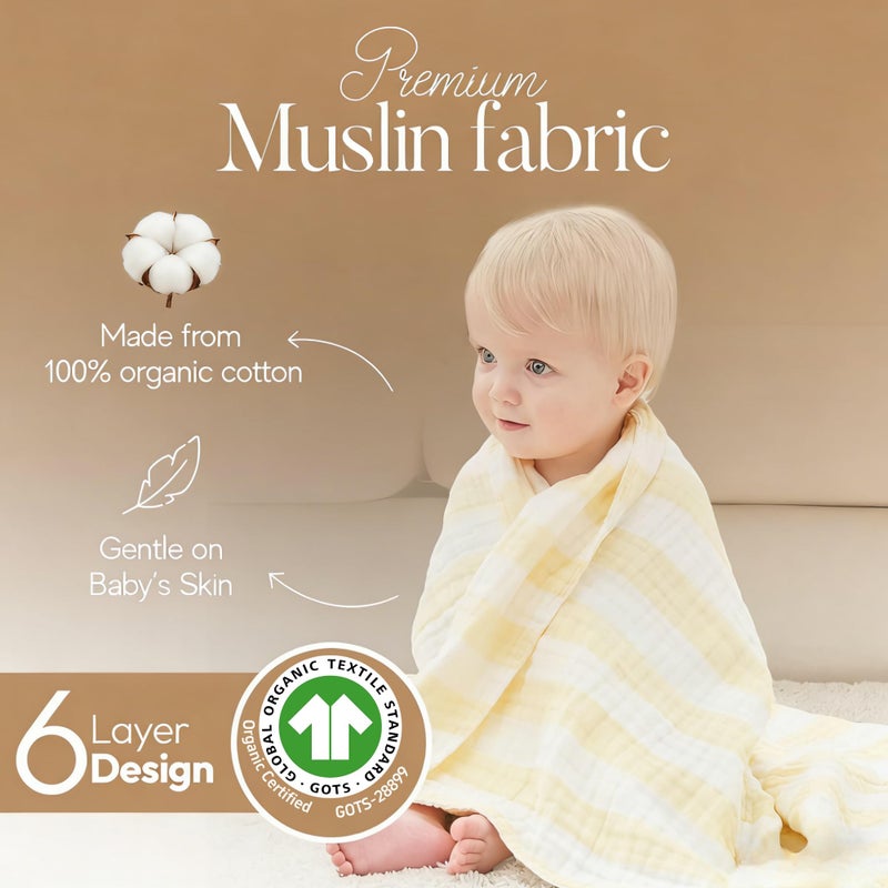 HardNok Muslin Baby Bath Towel Set - 100% Organic Cotton 5-Piece Set (2 Large Hooded Towels & 3 Washcloths), 6 Layer Super Soft Absorbent Gauze for Newborns (Yellow Stripe) - Image 2