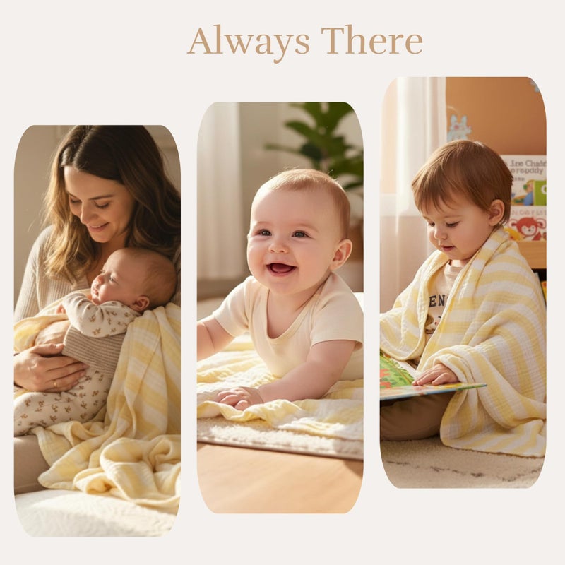 HardNok Muslin Baby Bath Towel Set - 100% Organic Cotton 5-Piece Set (2 Large Hooded Towels & 3 Washcloths), 6 Layer Super Soft Absorbent Gauze for Newborns (Yellow Stripe) - Image 5