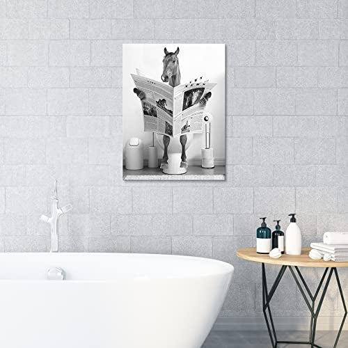tigeridge Fun Horse Bathroom Canvas Wall Art - Black & White Horse Sitting on Toilet Reading Newspaper - 12" x 16" Ready to Hang - Image 2
