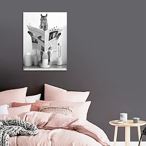 tigeridge Fun Horse Bathroom Canvas Wall Art - Black & White Horse Sitting on Toilet Reading Newspaper - 12" x 16" Ready to Hang - Image 4