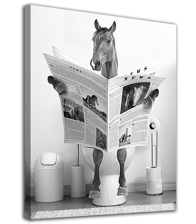 tigeridge Fun Horse Bathroom Canvas Wall Art - Black & White Horse Sitting on Toilet Reading Newspaper - 12" x 16" Ready to Hang - Image 5