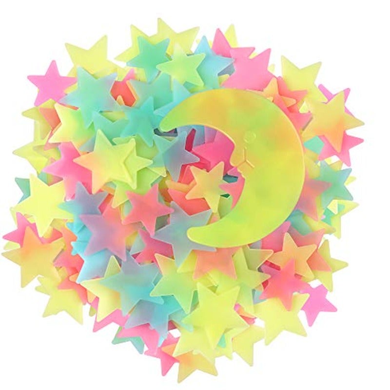 100 Pcs Colorful Glow-in-the-Dark Stars and Moon Wall Stickers for Bedroom and Nursery Decor Fluorescent Noctilucent Murals Ideal for Ceiling and Wall Decoration Perfect for Creating a Magical Nighttime Ambiance - Image 1