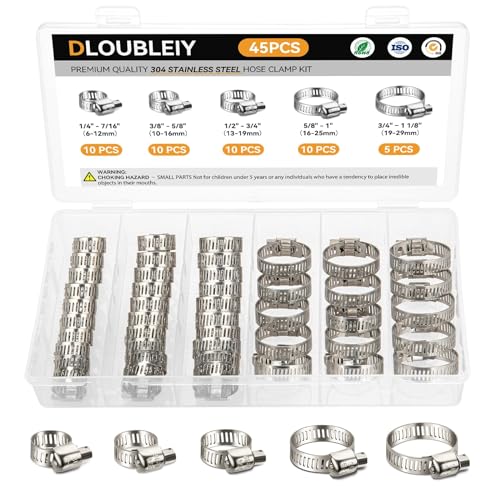 DLOUBLEIY 45PCS Hose Clamp Assortment Kit - Stainless Steel Hose Clamps with Worm Gear, Adjustable 1/4'' to 1-1/8'' (6-29mm) for Plumbing, Automotive, and Mechanical Applications - Image 1
