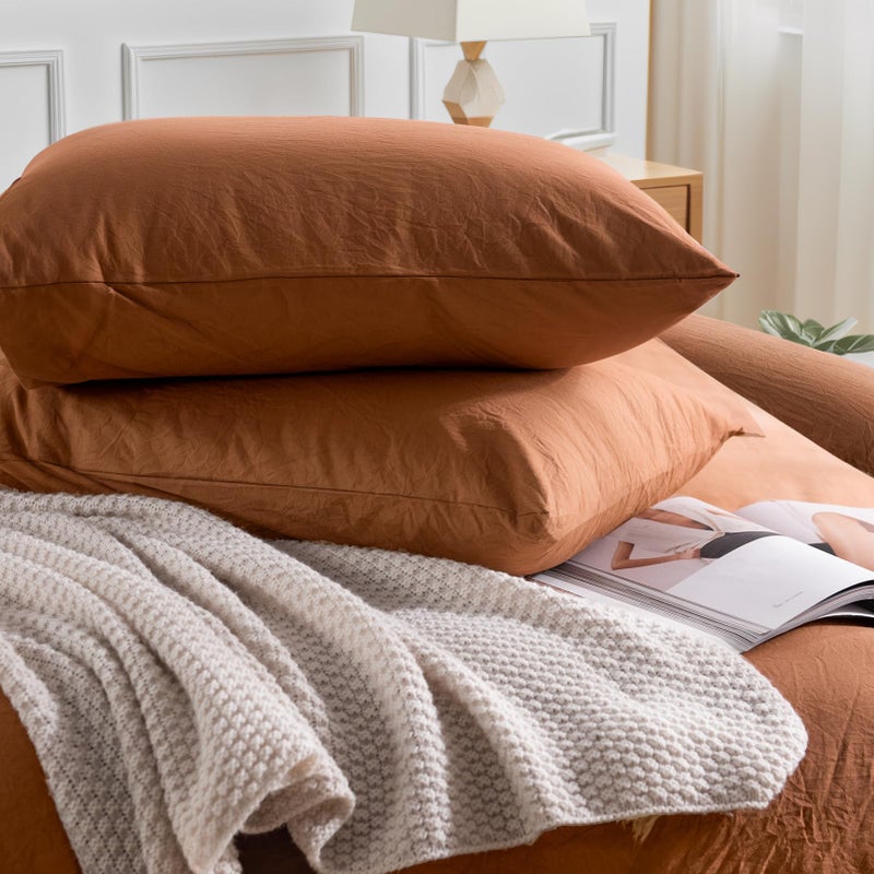 NEXHOME PRO Duvet Cover Set 100% Washed Cotton Full Size Linen Feel Textured Organic Natural 3 Pieces Bedding Set Terracotta Burnt Orange with Zipper Closure, Corner Ties Breathable (No Comforter) - Image 5