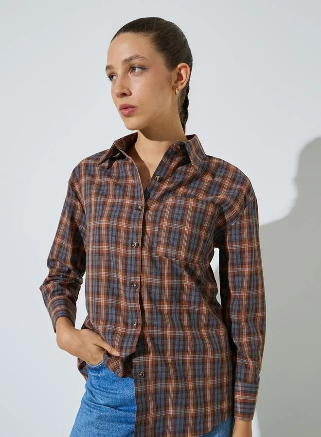 ستايلي Tan Longline Plaid Oversized Shirt