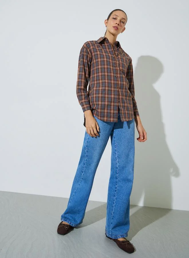 ستايلي Tan Longline Plaid Oversized Shirt
