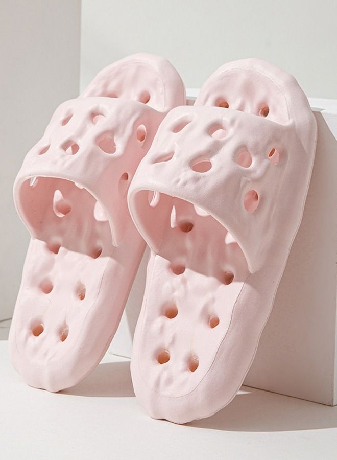 Solid Color Flat Hollowed Out Slippers Bathroom Indoor Non Slip Soft Soled Slippers Open Toe Pink