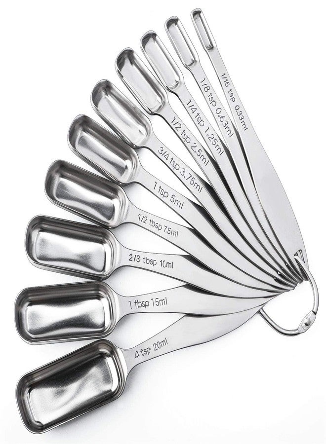 FANGSUN Stainless Steel Narrow Measuring Spoons, Heavy Duty Metal Measuring Spoons with Long Handle and Engraved Measurements Set of 10, For Dry or Liquid, Fits in Spice Jar - Image 1