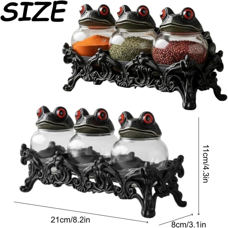 Bivpreom 3 Pcs Frog Jars With Base For Spice & Apothecary，Handcrafted Vintage Glass Jars With Red-Eyed Frog Lids For Food StorageHome DecorFun Display - Image 2
