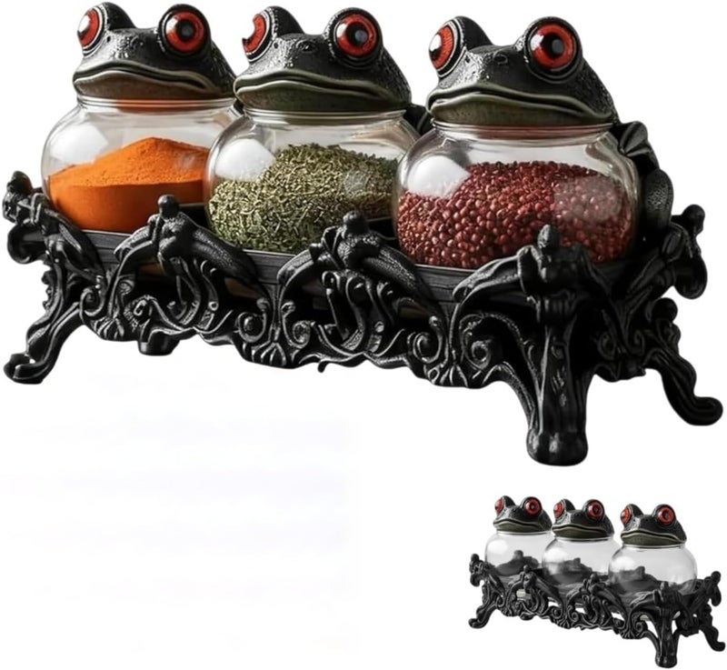 Bivpreom 3 Pcs Frog Jars With Base For Spice & Apothecary，Handcrafted Vintage Glass Jars With Red-Eyed Frog Lids For Food StorageHome DecorFun Display - Image 1