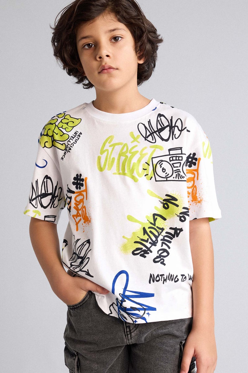 DeFacto White Boy Oversize Fit Printed Short Sleeve T-Shirt Casual - Image 1