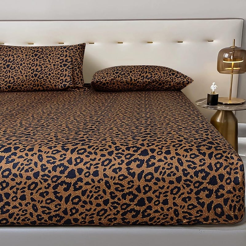 mixinni 100% Soft Microfiber Leopard Pattern Fitted Sheet Bed Sheet 15" Deep Pocket Queen Size-1 Fitted Sheet - Image 1