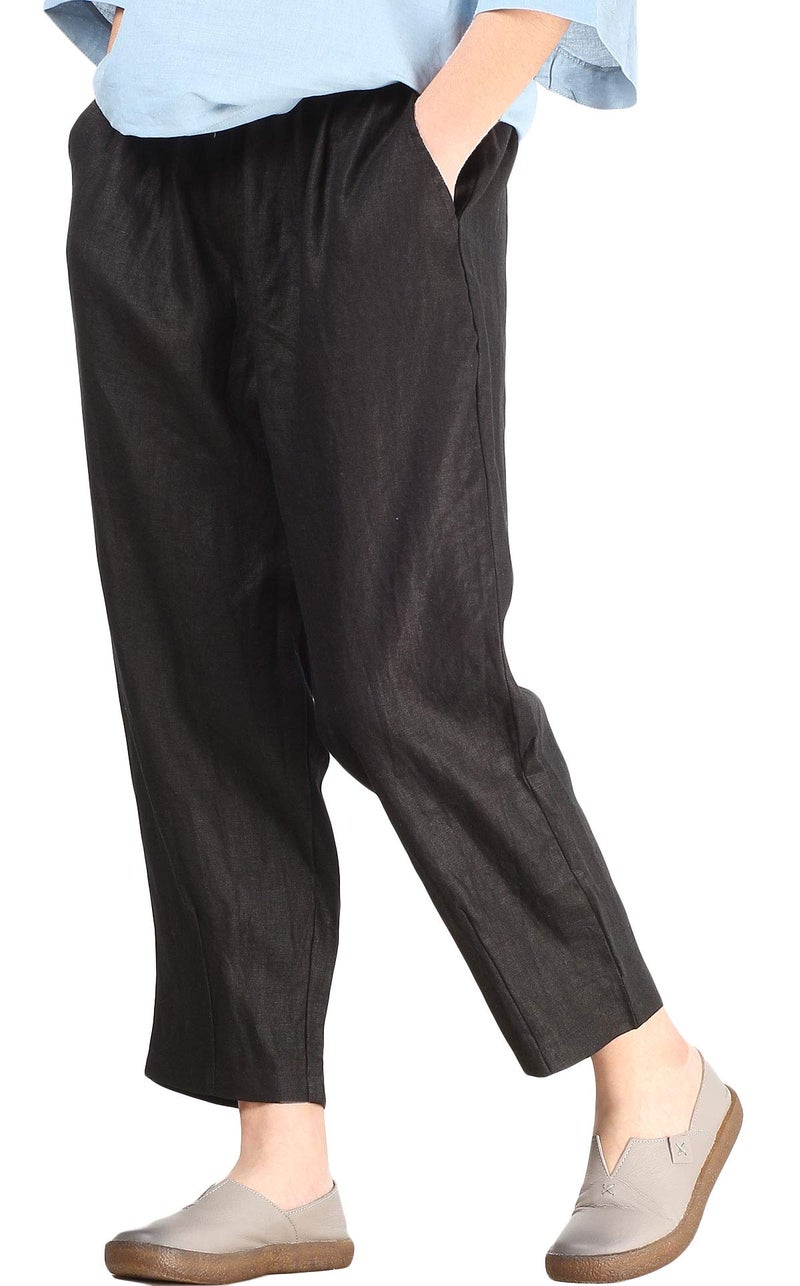 LaovanIn Women's Linen Cropped Pants Tapered Ankle Capris Trousers Elastic Waist Large Black - Image 1