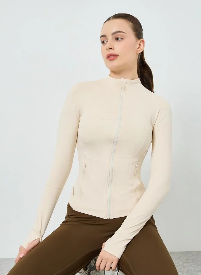 Women Cream Back Flap Effect Thumbhole Jacket