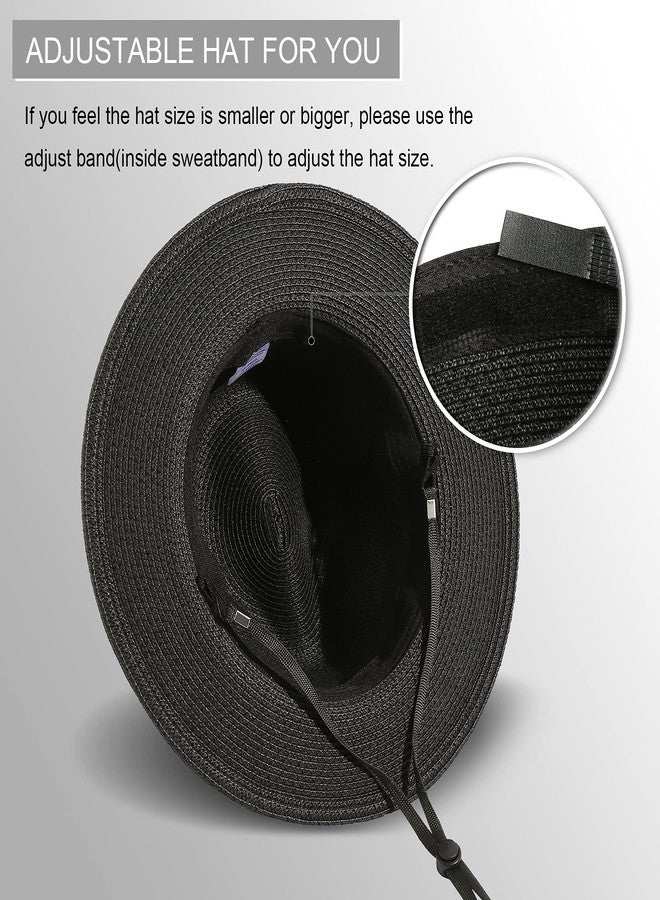 Lanzom Women Wide Brim Straw Panama Roll up Hat Fedora Beach Sun Hat UPF50+ (Black) - Image 3