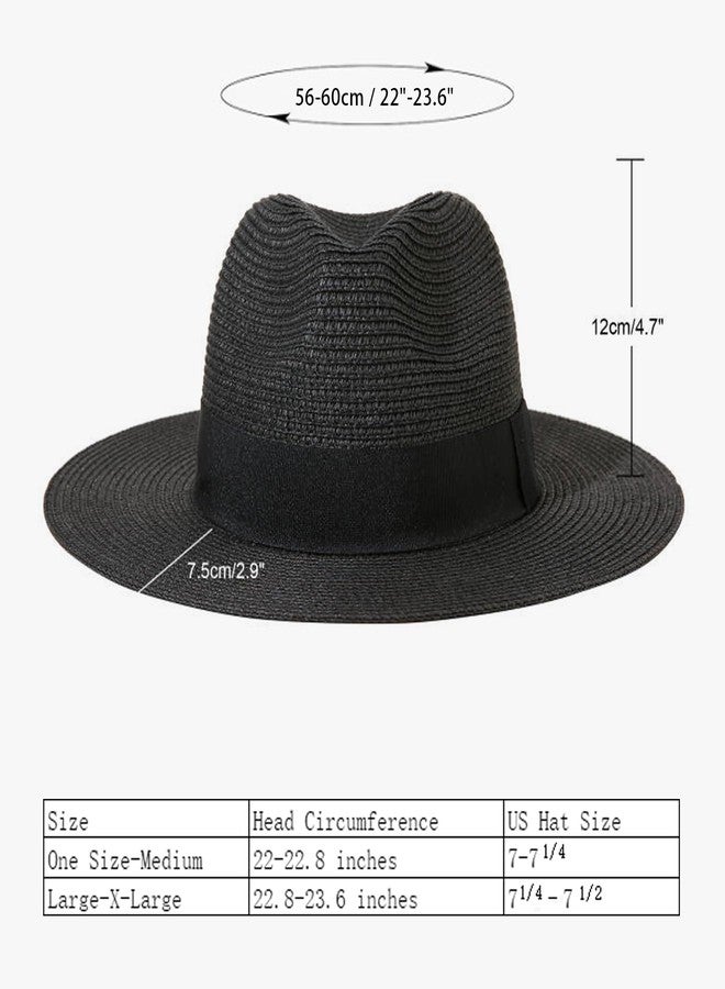 Lanzom Women Wide Brim Straw Panama Roll up Hat Fedora Beach Sun Hat UPF50+ (Black) - Image 2