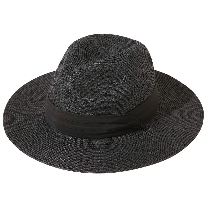 Lanzom Women Wide Brim Straw Panama Roll up Hat Fedora Beach Sun Hat UPF50+ (Black) - Image 1
