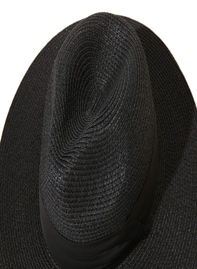 Lanzom Women Wide Brim Straw Panama Roll up Hat Fedora Beach Sun Hat UPF50+ (Black) - Image 4