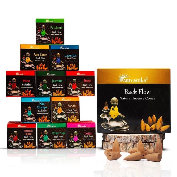 BACKFLOW NATURAL MASALA 120 INCENSE CONES PACK OF 12 DIFFERENT ASSORTED FRAGRANCES FOR HOME FRAGRANCE PRAYERS SIZE 32MM BURN TIME APPROX 18 MINUTES