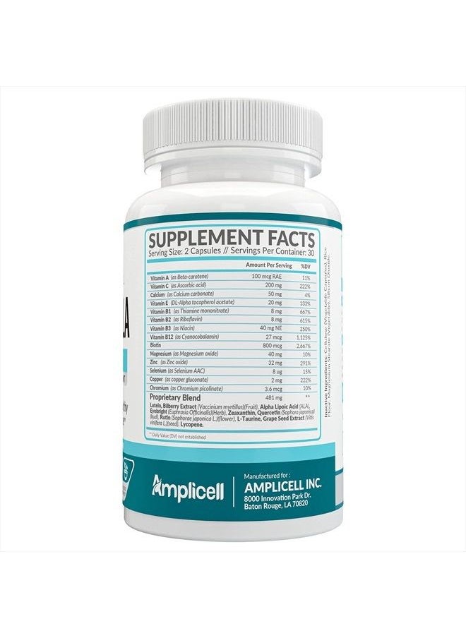 AMPLICELL - Eye Formula Vision Support - 60 Eye Vitamin Capsules - Daily Eye Vitamins with Lutein & Zeaxanthin - All-in-One Eye Health Supplement w/ Vitamin A, Vitamin E, Zinc, Calcium & More for Optimum Eye Care - Image 1