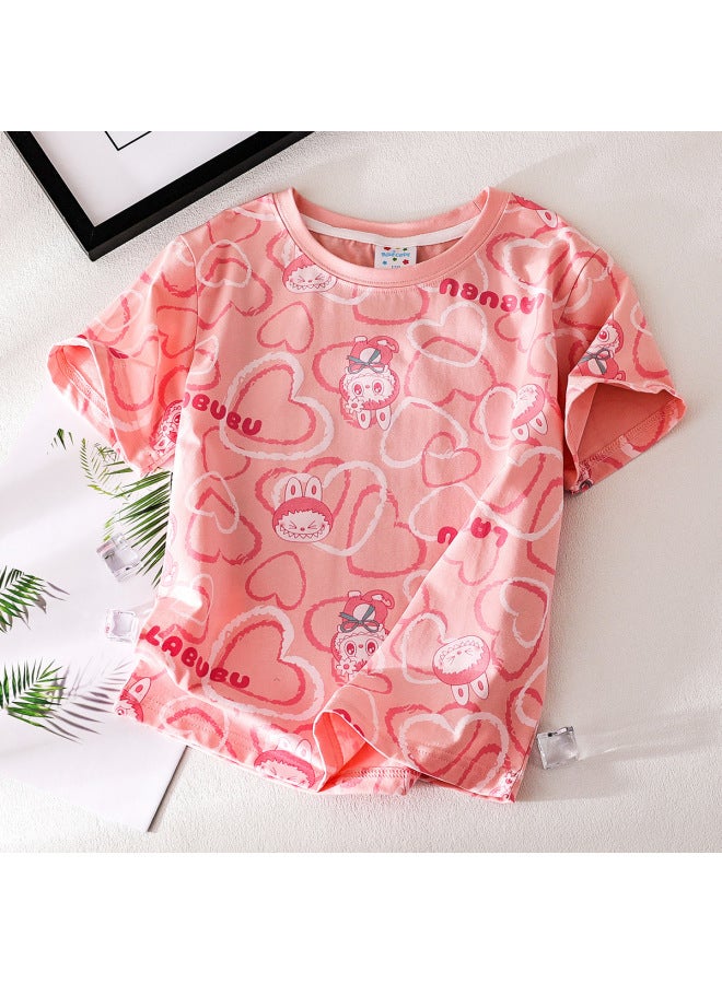 Summer  Children's Clothing For Girls, Cute And Versatile Cartoon Print Short-sleeve Loose Casual Round-neck Top