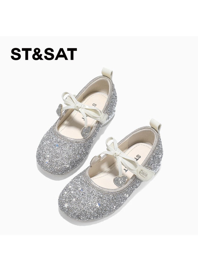 St&sat Girls Leather Shoes Spring New Children's High Heel Princess Shoes Soft Sole Crystal Shoes Performance Fashion Shoes Crystal Beige Size 34 - Image 1