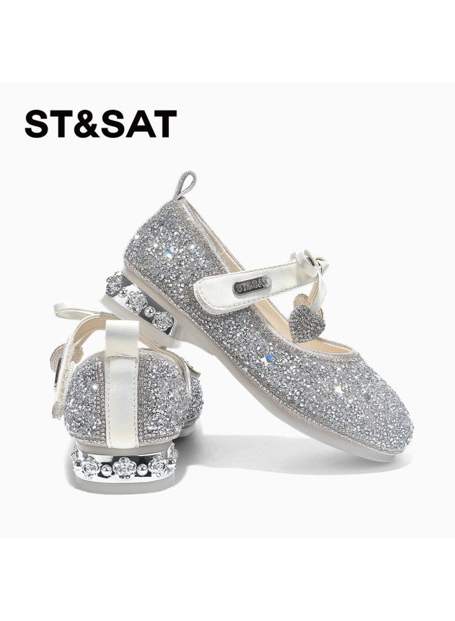 St&sat Girls Leather Shoes Spring New Children's High Heel Princess Shoes Soft Sole Crystal Shoes Performance Fashion Shoes Crystal Beige Size 34 - Image 2