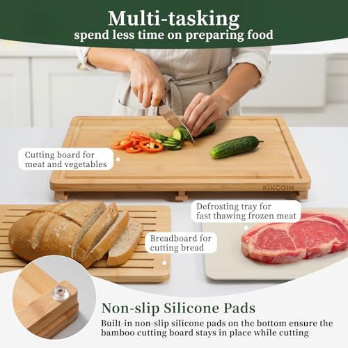 Kikcoin Bamboo Cutting Board Set with Defrosting Tray, Wood Cutting Boards for Kitchen with Deep Juice Grooves & Built-in Organizer Meal Prep Charcuterie& Chopping Board for Meat, Vegetables and Bread - Image 3