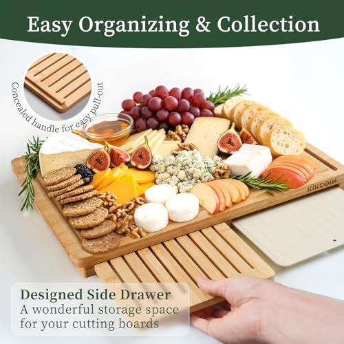 Kikcoin Bamboo Cutting Board Set with Defrosting Tray, Wood Cutting Boards for Kitchen with Deep Juice Grooves & Built-in Organizer Meal Prep Charcuterie& Chopping Board for Meat, Vegetables and Bread - Image 4