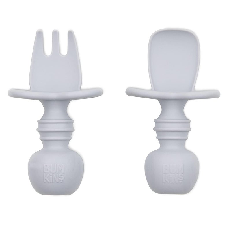 Bumkins Baby Utensils Set Chewtensils Silicone Spoons for Dipping SelfFeeding Baby Led Weaning Trainer Learning First Stage Eating Soft Practice Fork and Spoon Babies 6 Months Gray