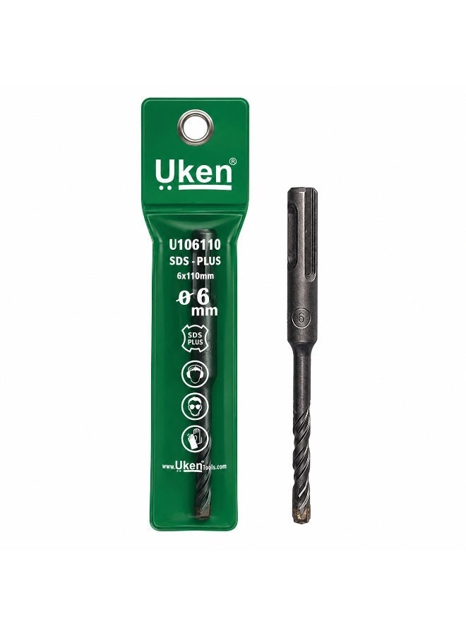 Uken SDS Plus Masonry Drill Bit, 6mm x 110mm Metal Concrete Drill Bit, Rotary Hammer Drill Accessory for Brick Cement Stone Wall Drilling - Image 1
