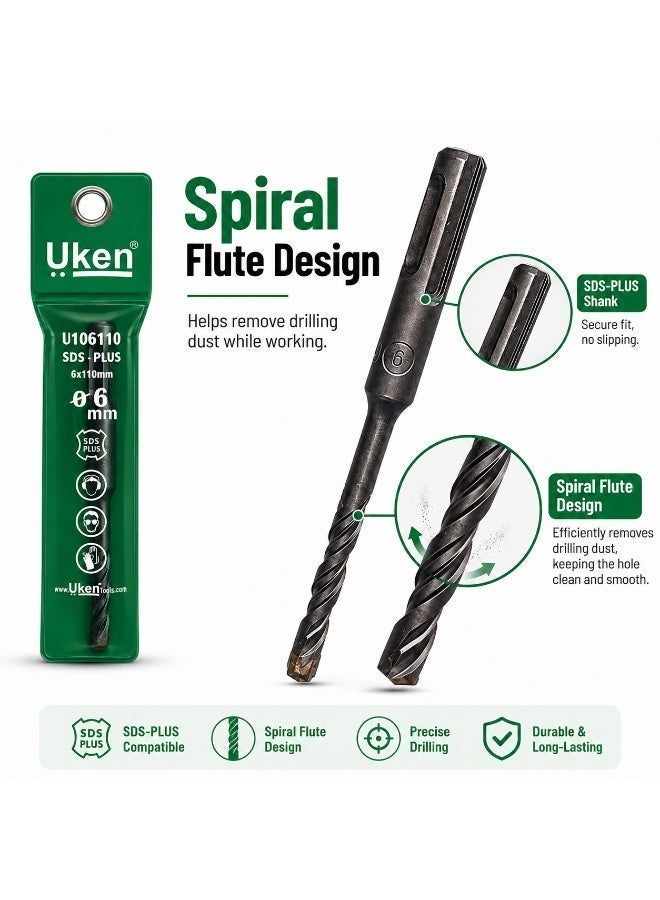 Uken SDS Plus Masonry Drill Bit, 6mm x 110mm Metal Concrete Drill Bit, Rotary Hammer Drill Accessory for Brick Cement Stone Wall Drilling - Image 5