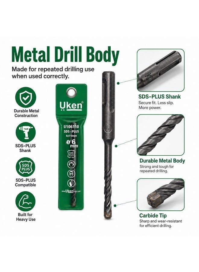 Uken SDS Plus Masonry Drill Bit, 6mm x 110mm Metal Concrete Drill Bit, Rotary Hammer Drill Accessory for Brick Cement Stone Wall Drilling - Image 4