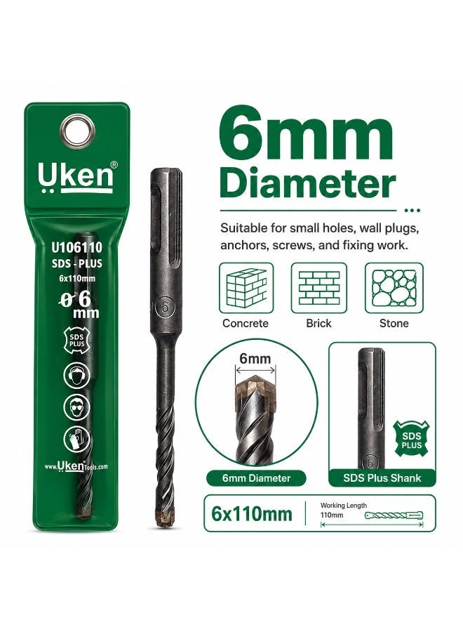 Uken SDS Plus Masonry Drill Bit, 6mm x 110mm Metal Concrete Drill Bit, Rotary Hammer Drill Accessory for Brick Cement Stone Wall Drilling - Image 2