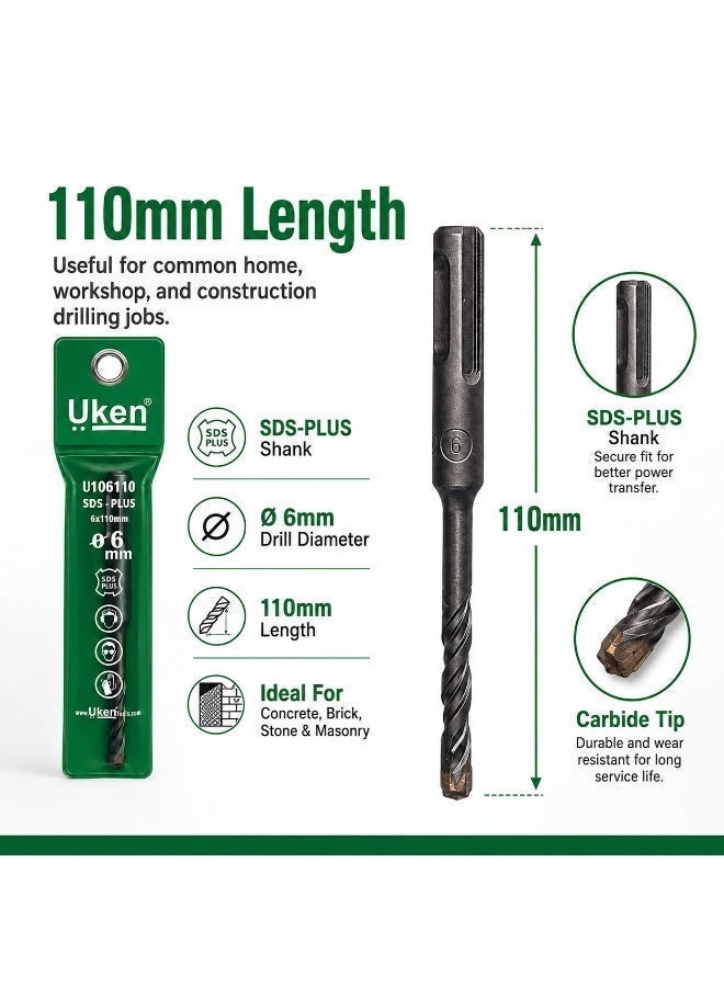 Uken SDS Plus Masonry Drill Bit, 6mm x 110mm Metal Concrete Drill Bit, Rotary Hammer Drill Accessory for Brick Cement Stone Wall Drilling - Image 3