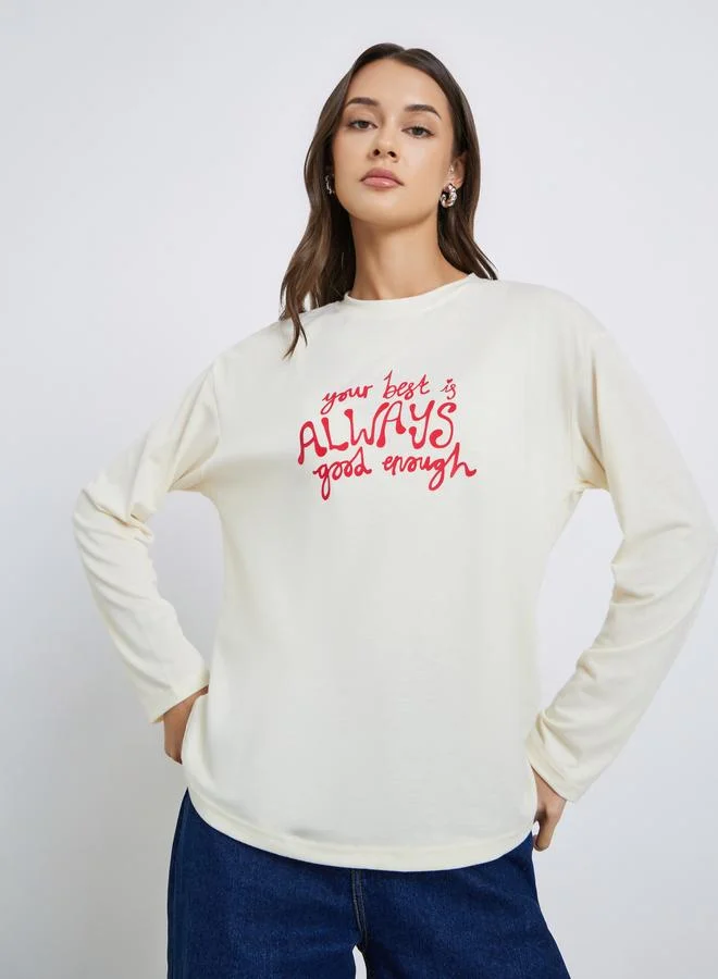 Beige Slogan Print Oversized T-Shirt