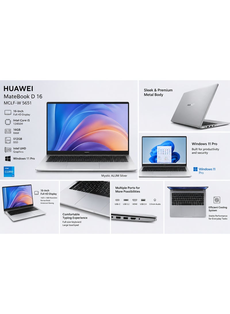 هواوي حاسوب محمول MateBook D16 بشاشة 16 بوصة بدقة Full HD (1920x1080)، مع معالج Intel Core i5 12450H/16GB RAM DDR5/512GB SSD/رسوميات Intel UHD/Windows 11 Pro - Image 2