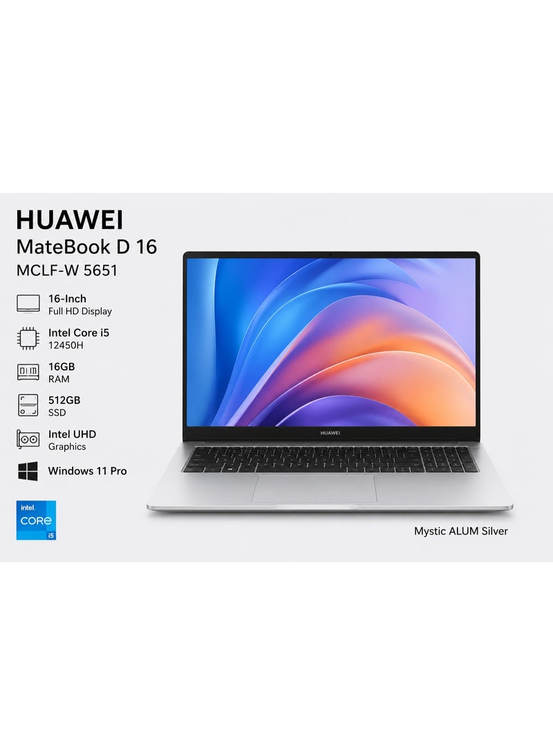 هواوي حاسوب محمول MateBook D16 بشاشة 16 بوصة بدقة Full HD (1920x1080)، مع معالج Intel Core i5 12450H/16GB RAM DDR5/512GB SSD/رسوميات Intel UHD/Windows 11 Pro - Image 1