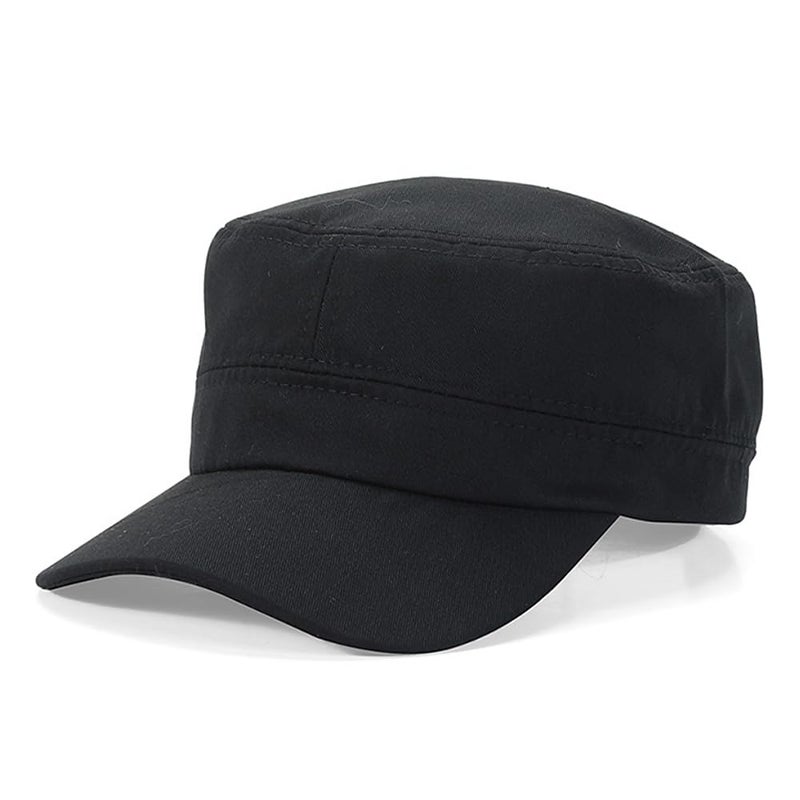 Ptduabenlu Cadet Army Cap Military Style Adjustable Flat Top Cap Unisex Basic Baseball Hat for Men Women Black - Image 1