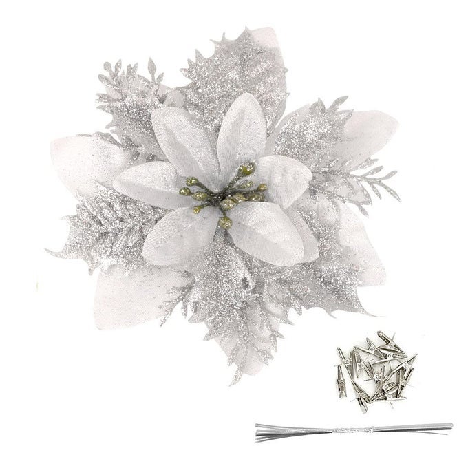 PACK OF 12 SILVER 5 INCH GLITTER FLOWER SHAPE CHRISTMAS HANGING ORNAMENTS PARTY DECORATING SUPPLIES