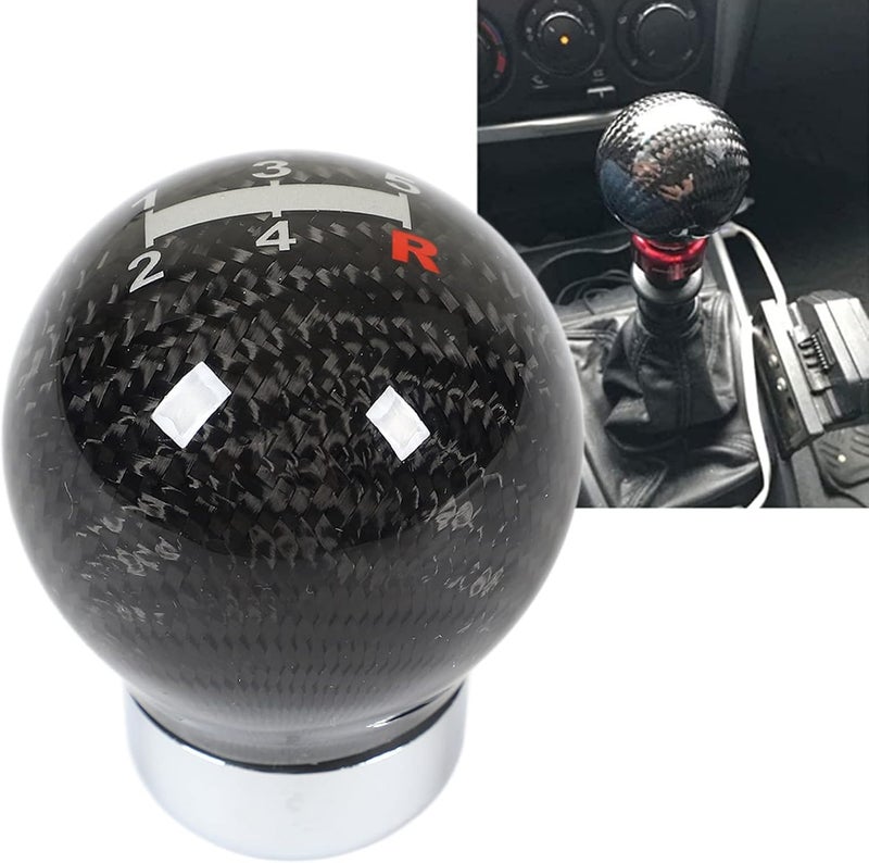 Carbon Fiber Gear Shifting Lever Knob, Round Ball Shifter Head for Manual Automatic Transmission, 15mm Bottom Interface, High Gloss Textured Shift Knob for Car Interior (5 Speed Gear) - Image 2