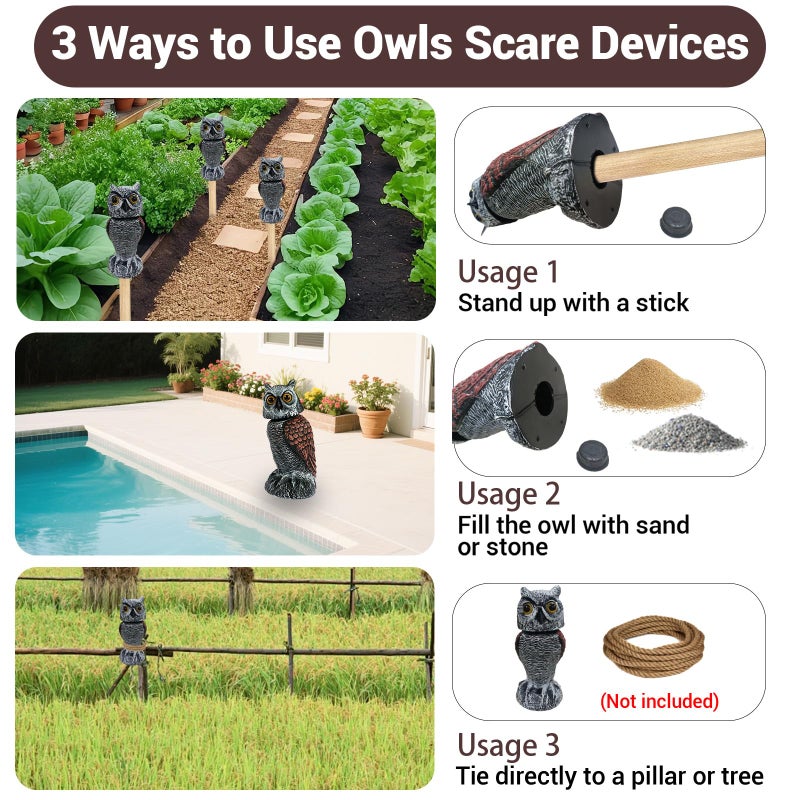 SMD35 Fake Owl Decor - Rotating Head Garden Scarecrow for Outside Orchard Farm, Waterproof Outdoor Garden Statues, Plastic Owl Decor for Home Patio Yard Decorations - Image 4