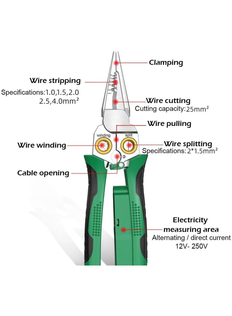 8-in-1 Wire Stripper with Voltage Detection – Cable Cutter & Crimper with Built-in Voltage Tester | Stripping, Crimping, Pulling & Measuring Tool for Electrical Work