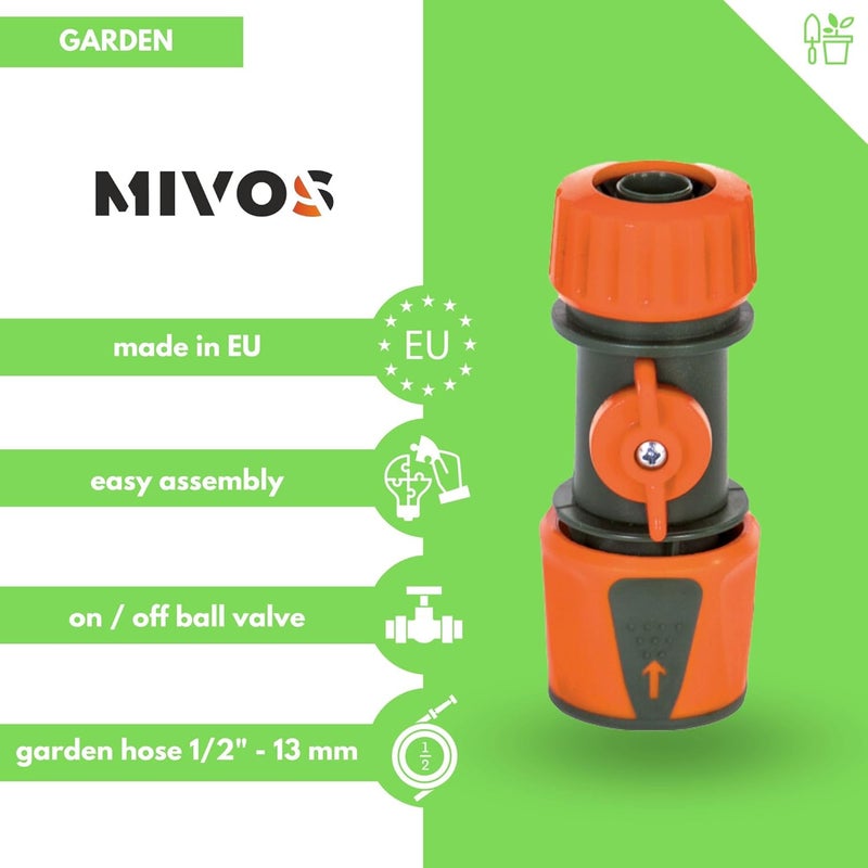 MIVOS موصل خرطوم مع صمام تنظيم لخرطوم الحديقة 1/2 بوصة (13 مم) - اقتران سريع لخرطوم المياه مع إيقاف الماء لسهولة تغيير أجهزة الري - Image 2
