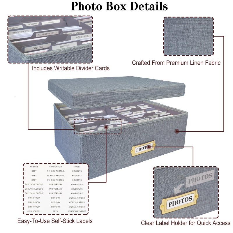 Sprsthai Linen Photo Storage Box â€“ Holds 1700 Photos, 24 Adjustable Dividers & 72 Labels Multi-Use Organizer for Photos, Envelopes, Recipes Beige - Image 4