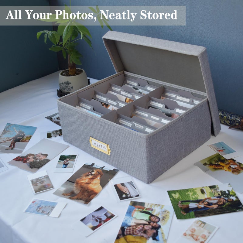 Sprsthai Linen Photo Storage Box â€“ Holds 1700 Photos, 24 Adjustable Dividers & 72 Labels Multi-Use Organizer for Photos, Envelopes, Recipes Beige - Image 2